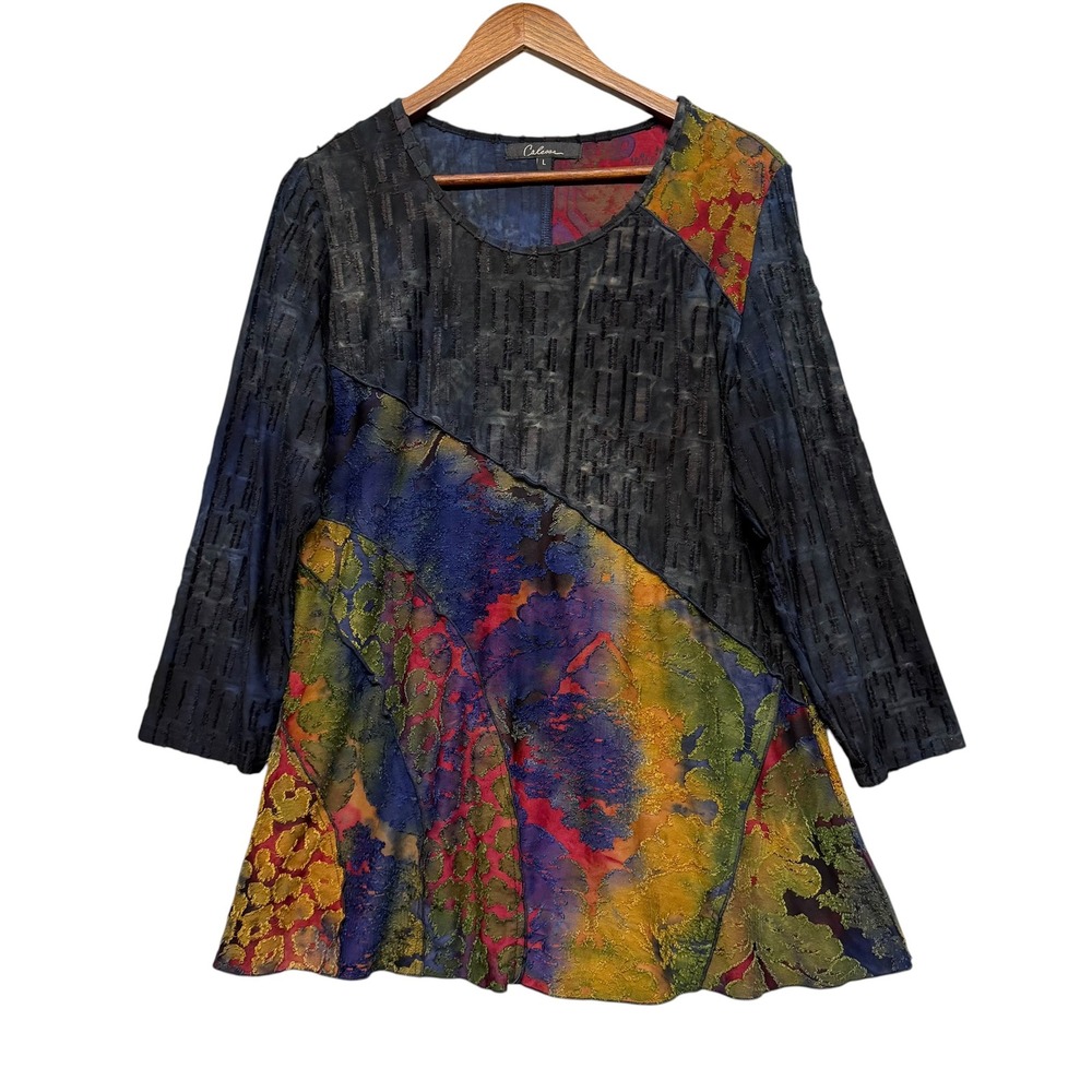 Calessa Tunic Top Womens L Abstract Floral Burnout Lagenlook Art to Wear Boho
